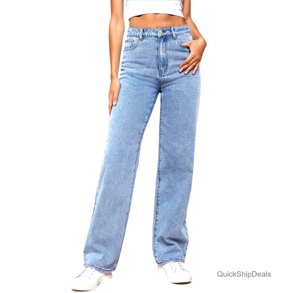 High Waisted Straight Leg Jeans Tummy Control Stretchy Denim Pants